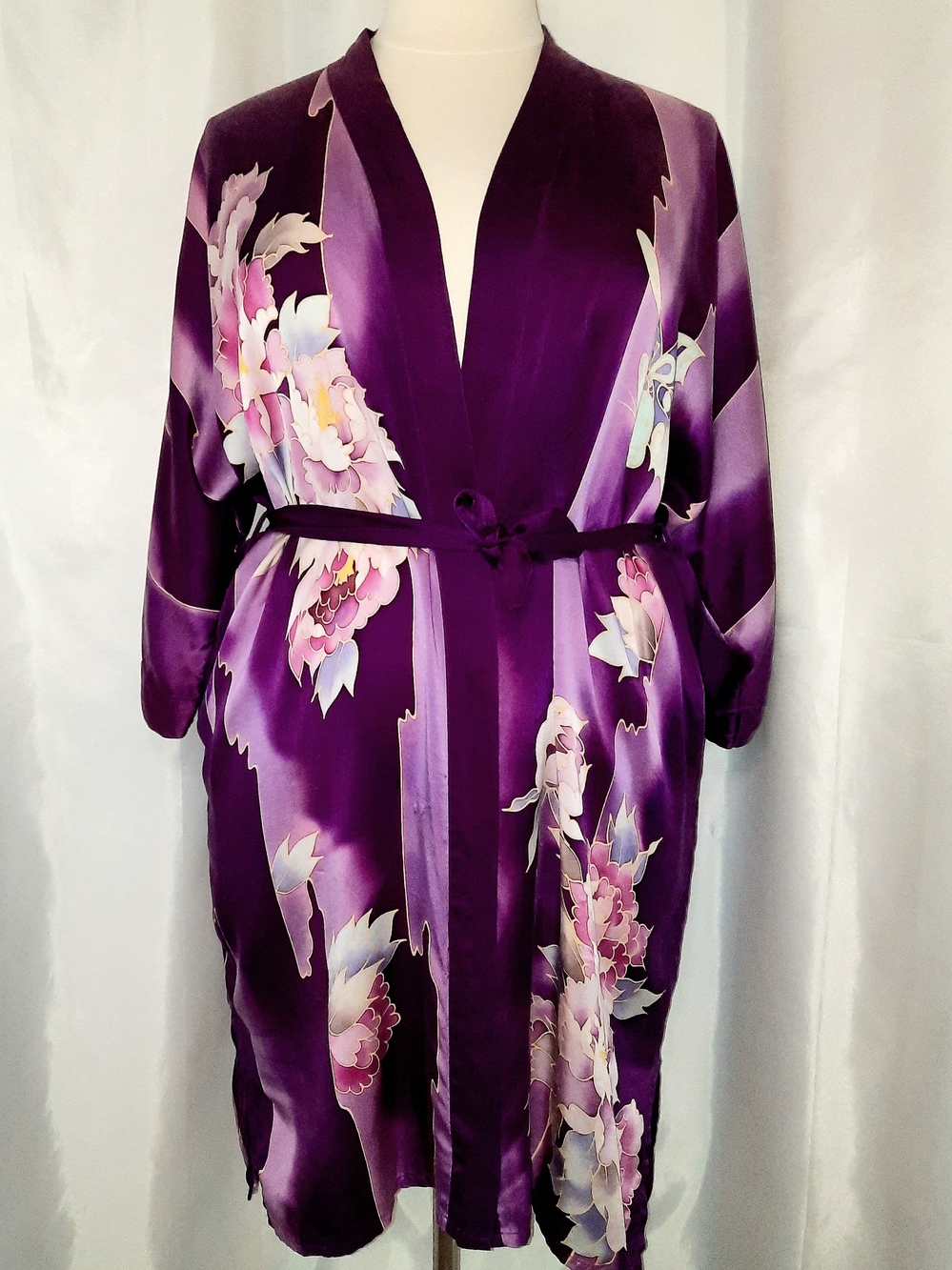 Rusufen 100% Pure Mulberry Silk Purple Floral & Butterfly Kimono Robe Womens LG